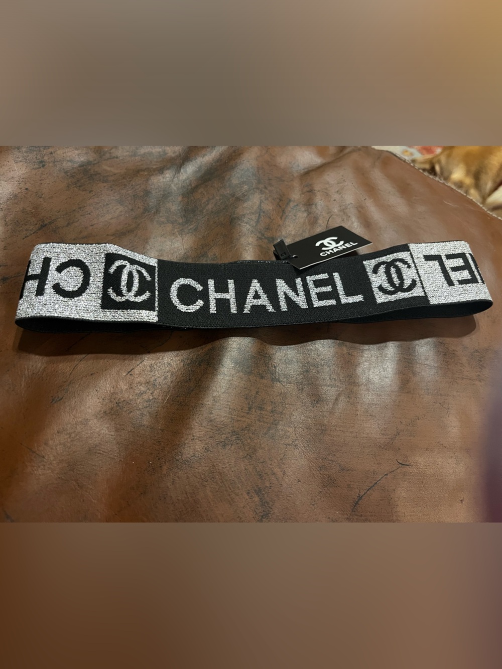 🖤 Double C Designer Black Metallic Silver Spell Out Stretch Headband